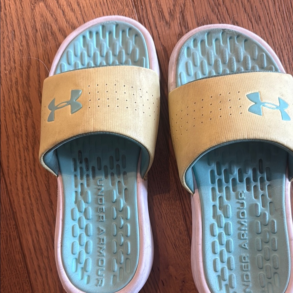 Under Armour Yellow and Blue Slide Sandals